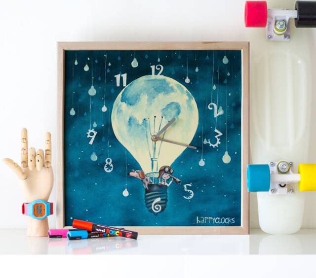 Hand-Painted Moon Balloon Wall Clock Whimsical Nursery Decor Children Room Art - image 1