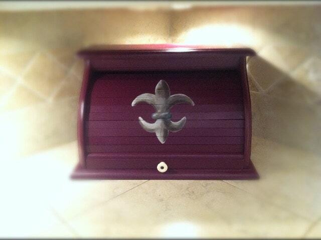 Hand Painted Fleur De Lis Bread Box, Deep Purple New Orleans Style - image 1