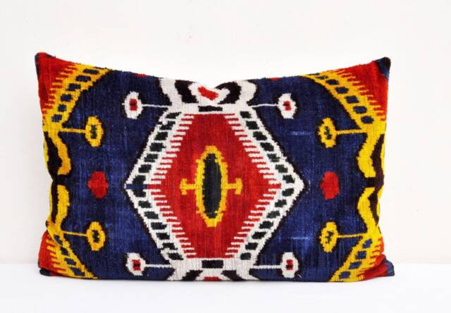 Handloom Silk Velvet Ikat Pillow, Accent Throw Cushion - image 1