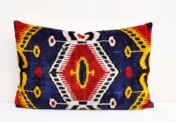 Handloom Silk Velvet Ikat Pillow, Accent Throw Cushion - thumbnail 1