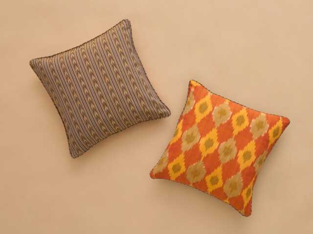 Handwoven Global Vibrant Reversible Ikat Cushion Cover - Golden, Orange & Green Olive Colours- 50x50cm, Boho Chic Trendy, Chord Piping - image 1
