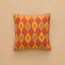 Handwoven Global Vibrant Reversible Ikat Cushion Cover - Golden, Orange & Green Olive Colours- 50x50cm, Boho Chic Trendy, Chord Piping - thumbnail 2