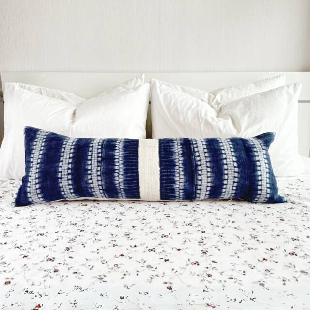 Vintage Hmong Hemp Lumbar Pillow Cover Rustic Indigo Stripe - 12x36 - image 1