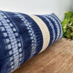Vintage Hmong Hemp Lumbar Pillow Cover Rustic Indigo Stripe - 12x36 - thumbnail 2