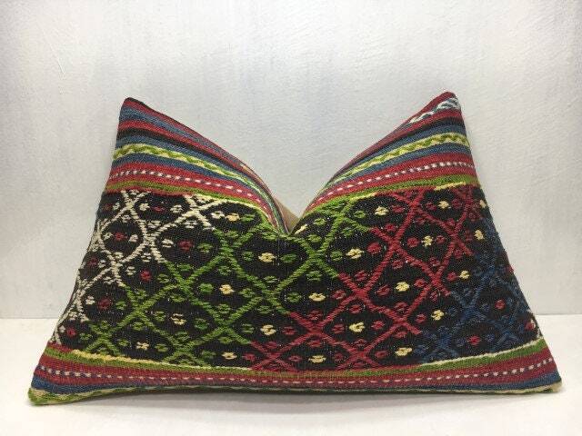 Vintage Turkish Kilim Pillow Cover, Handwoven Ethnic Lumbar Cushion - 16x24 - image 1