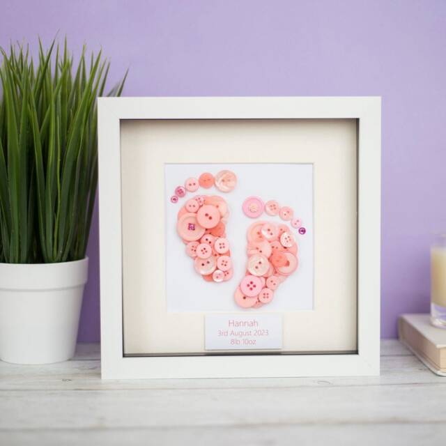 Personalised Baby Girl Gift, Newborn Keepsake, Button Art Footprints, Birth Details Wall Art, Pink Nursery Decor, Christening - image 1
