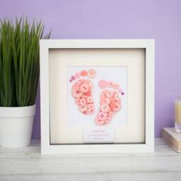 Personalised Baby Girl Gift, Newborn Keepsake, Button Art Footprints, Birth Details Wall Art, Pink Nursery Decor, Christening - thumbnail 1