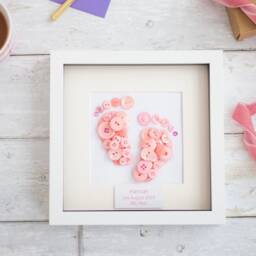 Personalised Baby Girl Gift, Newborn Keepsake, Button Art Footprints, Birth Details Wall Art, Pink Nursery Decor, Christening - thumbnail 2