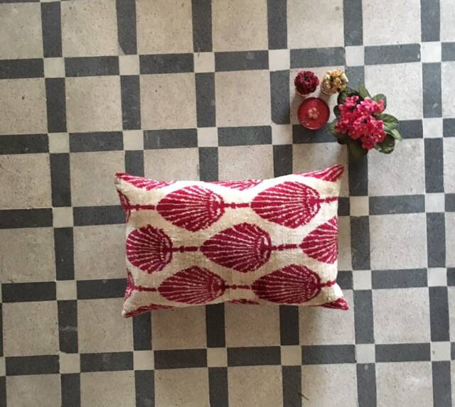 Red Floral Ikat Pillow Cover Handwoven Silk Velvet Cushion - image 1