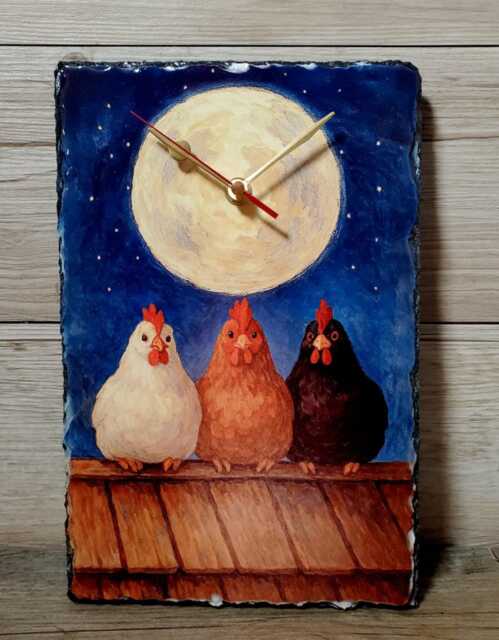 Chickens On A Roof Under The Moon Slate Quartz Wall Clock. 19.5cm X 29.5cm - image 1
