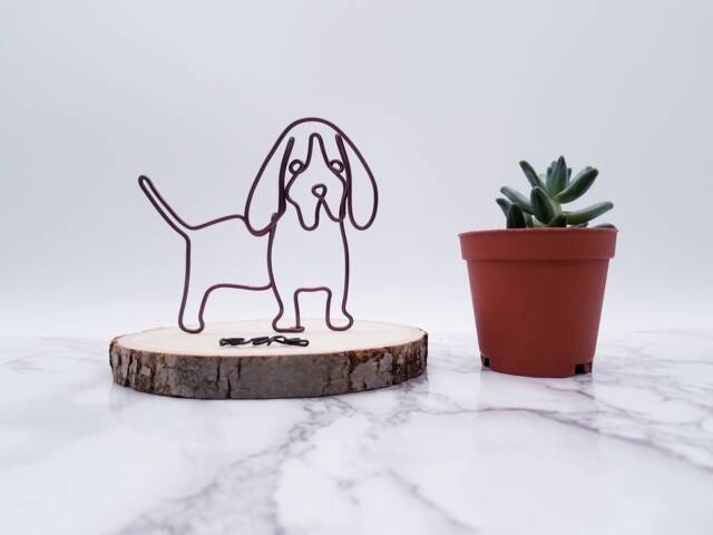 Wire Basset Hound Sculpture, Aluminum Dog Art On Wood Coaster - image 1
