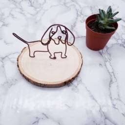 Wire Basset Hound Sculpture, Aluminum Dog Art On Wood Coaster - thumbnail 3