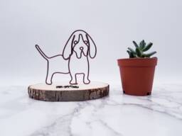 Wire Basset Hound Sculpture, Aluminum Dog Art On Wood Coaster