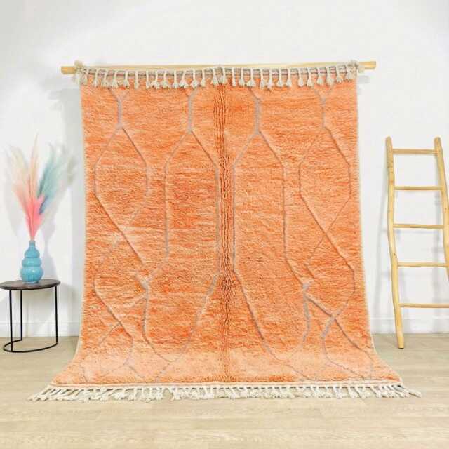 Moroccan Peach Berber Rug, Handwoven Wool Shag Rug With Geometric Diamond Pattern, Authentic Beni Ourain Style Carpet, Large 9x12 Area - image 1