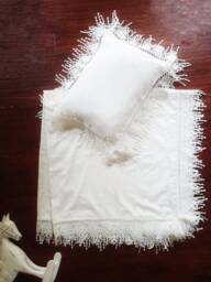 Lace Wrap Set in White Or Cream & Optional Bonnet- Baby Pillow & Shawl W Trim - Pillowcase Blanket Made To Order Custom - thumbnail 3