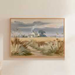 Farmhouse Field Poster, Neutral Landscape Print, Country Wall Art, Paper - thumbnail 1
