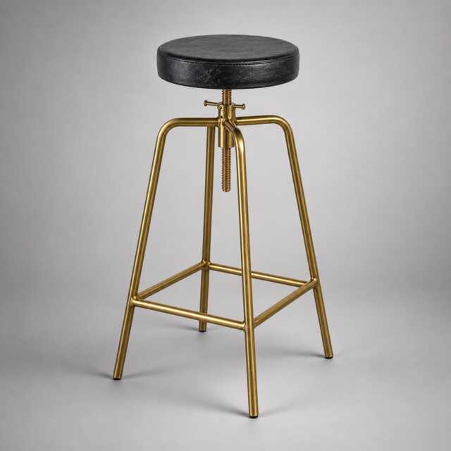 Patinated Brass & Black Leather Adjustable Industrial Bar Stool - image 1
