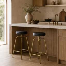 Patinated Brass & Black Leather Adjustable Industrial Bar Stool - thumbnail 2