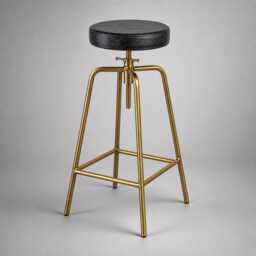 Patinated Brass & Black Leather Adjustable Industrial Bar Stool