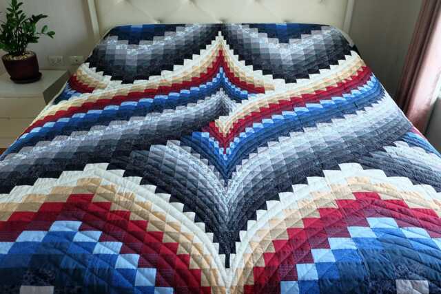 Custom Twisted Bargello Quilt, Blue & Red Amish Hand-Quilted Patchwork, Cotton Bedspread For Queen King Cal King, Heirloom Bed Cover Gifts - image 1