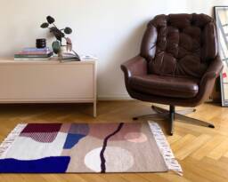 Hand Made Area Rug Of Recycled Wool Deimos - Moon & Fiords Landscape Flat Woven Floor Or A Textile Wall Hanging Kilim Carpet - thumbnail 1