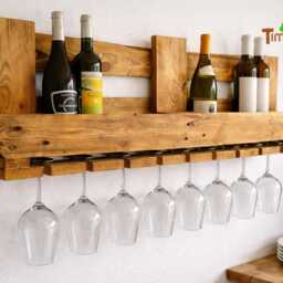 Wine Rack Rustic Pallet Bottle Rack With Glass Hanging Vintage Wall Shelf Hanging Wooden Kitchen Shabby Industrial - thumbnail 4
