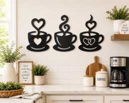 Set Of 3 Wooden Coffee Cup Wall Art Signs. Kitchen Plaque