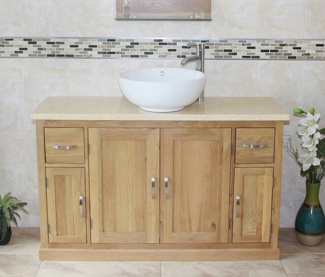 Solid Oak Bathroom Single Vanity Unit Cabinet Cream Marble Ceramic Basin Set 402cmcbcx1 - image 1