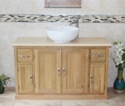 Solid Oak Bathroom Single Vanity Unit Cabinet Cream Marble Ceramic Basin Set 402cmcbcx1