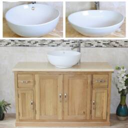 Solid Oak Bathroom Single Vanity Unit Cabinet Cream Marble Ceramic Basin Set 402cmcbcx1 - thumbnail 2