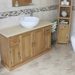 Solid Oak Bathroom Single Vanity Unit Cabinet Cream Marble Ceramic Basin Set 402cmcbcx1 - thumbnail 3