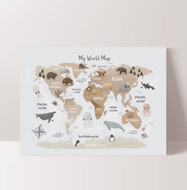 World Map Print, Animal Map, Kids Poster, Scandi Decor, Neutral Nursery, Educational Playroom Prints, Wall Art - image 1