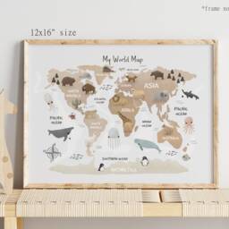 World Map Print, Animal Map, Kids Poster, Scandi Decor, Neutral Nursery, Educational Playroom Prints, Wall Art - thumbnail 2