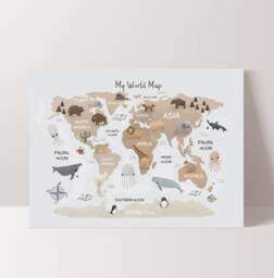 World Map Print, Animal Map, Kids Poster, Scandi Decor, Neutral Nursery, Educational Playroom Prints, Wall Art - thumbnail 1