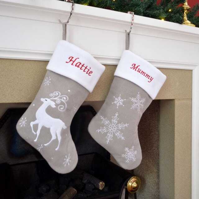 Luxury White & Silver Christmas Stocking - Personalised Embroidered Name Snowflake Or Reindeer Design UK Gift - image 1