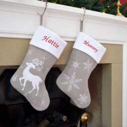 Luxury White & Silver Christmas Stocking - Personalised Embroidered Name Snowflake Or Reindeer Design UK Gift - thumbnail 1