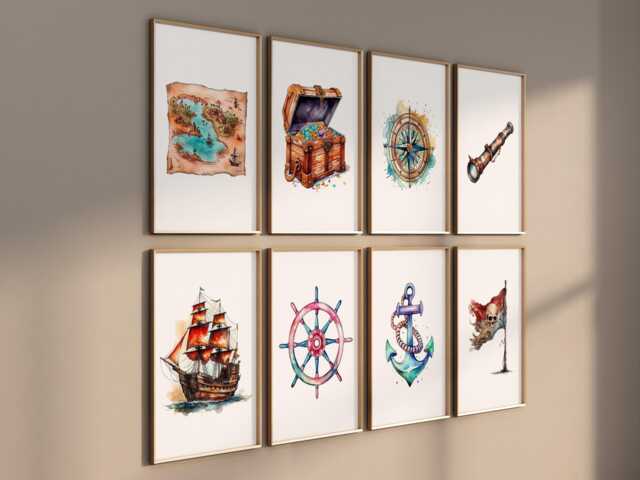 Pirate Nursery Prints - Set Of 8 Boys Room Wall Art, Printed Or Framed - image 1