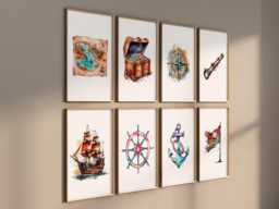Pirate Nursery Prints - Set Of 8 Boys Room Wall Art, Printed Or Framed - thumbnail 1