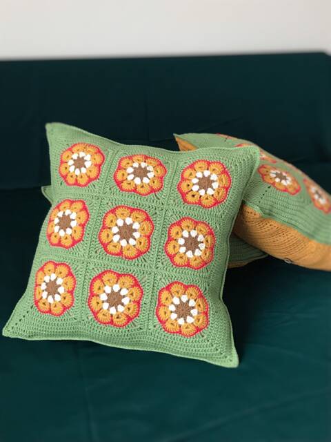 Crochet African Flower Pillow Cover Granny Square Cushion With Wooden Buttons - image 1