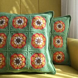 Crochet African Flower Pillow Cover Granny Square Cushion With Wooden Buttons - thumbnail 3