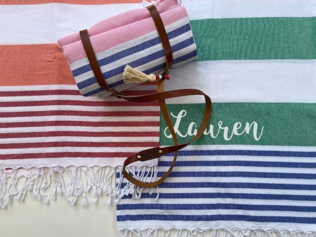 Personalized Beach Towel Gift Set Cotton Towel, Leather Carrier Strap - image 1