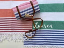 Personalized Beach Towel Gift Set Cotton Towel, Leather Carrier Strap