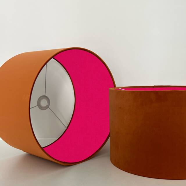 Burnt Orange Velvet Drum Lampshade, Double Sided Lampshade With Cerise Pink Cotton Interior - image 1