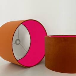 Burnt Orange Velvet Drum Lampshade, Double Sided Lampshade With Cerise Pink Cotton Interior