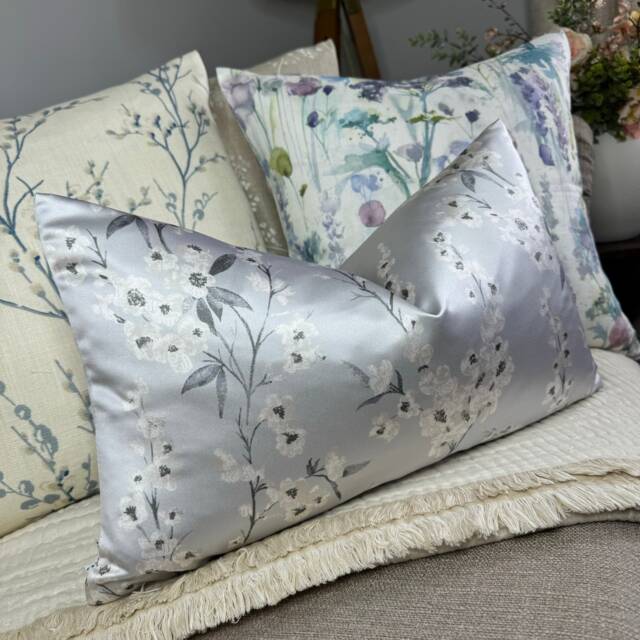 Floral Cushion Cover, Pillow Lumbar Cushion Cover, Elegant - Designer Ashley Wilde Fabric , Blue Grey Silver Satin Look - image 1