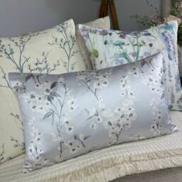 Floral Cushion Cover, Pillow Lumbar Cushion Cover, Elegant - Designer Ashley Wilde Fabric , Blue Grey Silver Satin Look - thumbnail 4