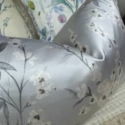 Floral Cushion Cover, Pillow Lumbar Cushion Cover, Elegant - Designer Ashley Wilde Fabric , Blue Grey Silver Satin Look - thumbnail 2