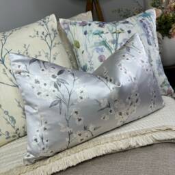 Floral Cushion Cover, Pillow Lumbar Cushion Cover, Elegant - Designer Ashley Wilde Fabric , Blue Grey Silver Satin Look