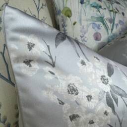Floral Cushion Cover, Pillow Lumbar Cushion Cover, Elegant - Designer Ashley Wilde Fabric , Blue Grey Silver Satin Look - thumbnail 3