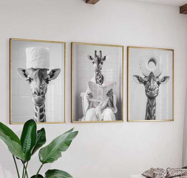 Funny Giraffe Wall Art Set - Black & White Prints, Quirky Animal Art, Stylish Poster Trio, Modern Decor - image 1